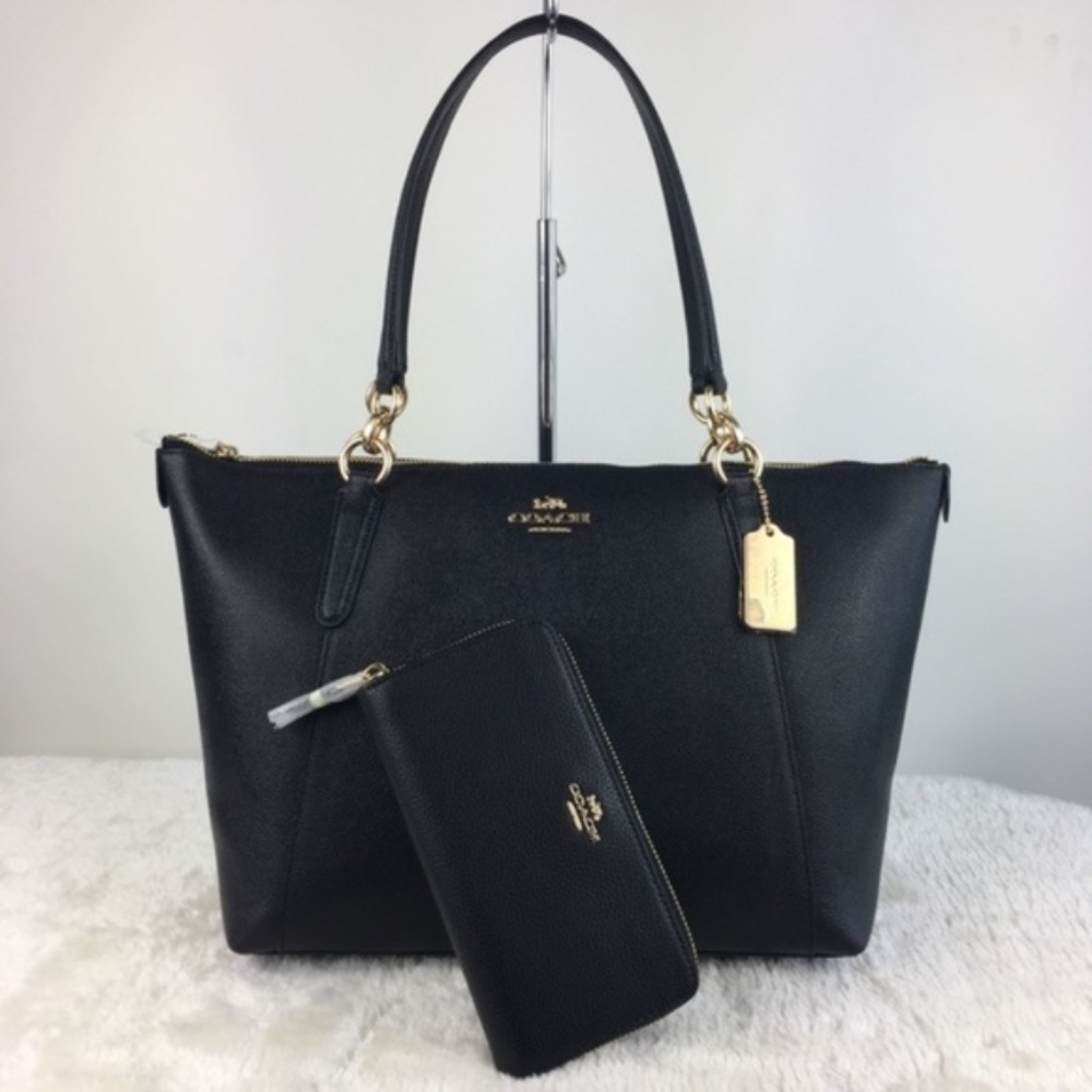 NEW Coach Ava Tote In Crossgrain Leather Handbag Black F57526 Wallet Set